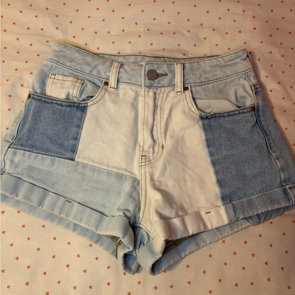 PacSun Blue and White Jean Shorts with Patchwork Design